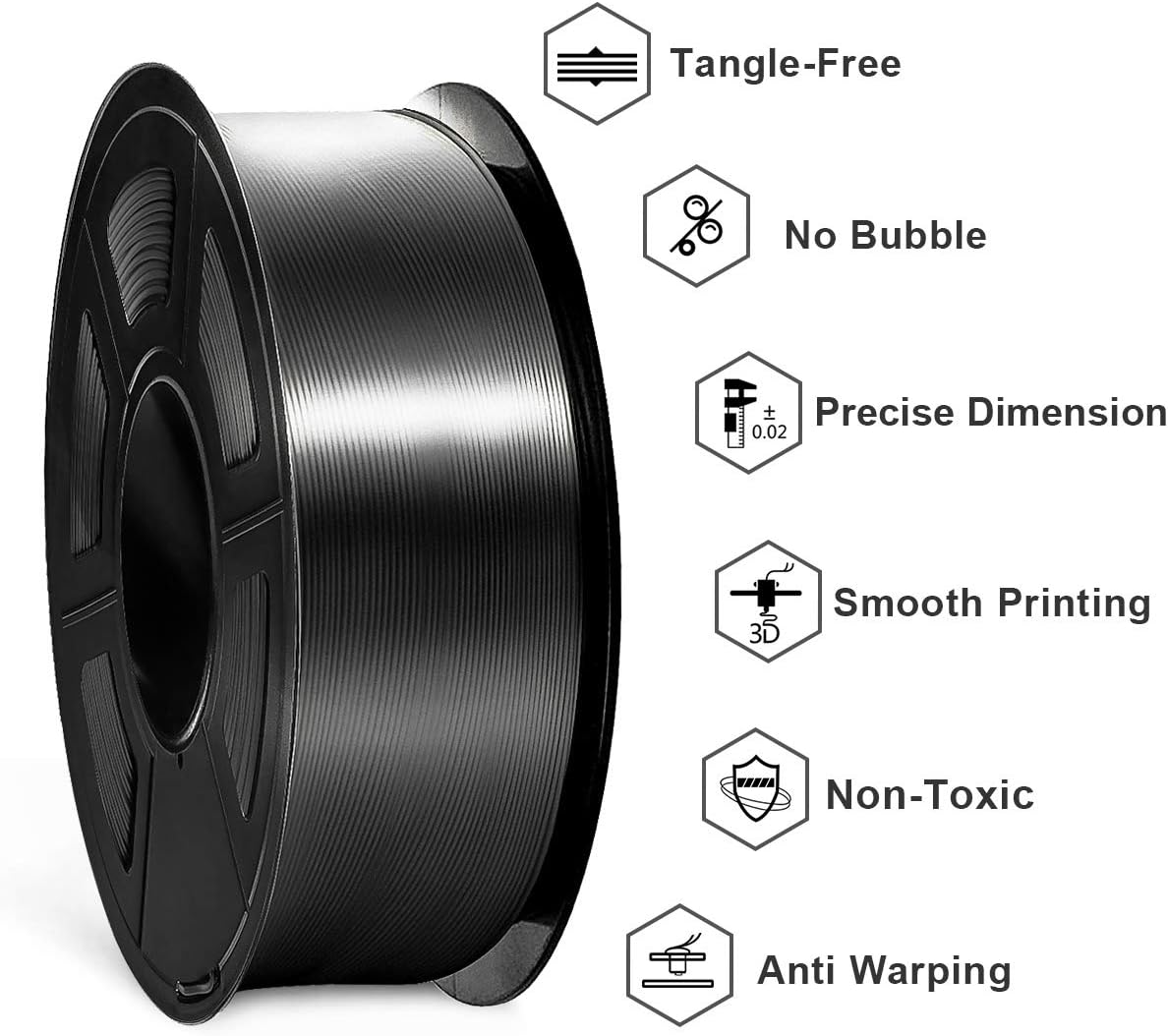 SUNLU Shiny Silk PLA Filament 1.75mm, Neatly Wound Glossy PLA 3D Printer Filament 1.75mm ±0.02mm, Fit Most FDM 3D Printers, Good Vacuum Packaging, 1kg Spool (2.2lbs), Silky Glossy PLA Black