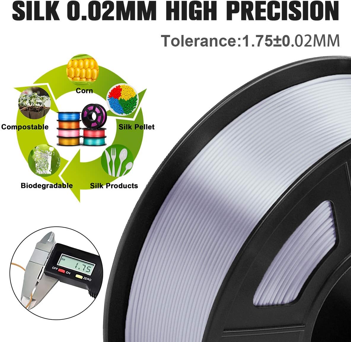 SUNLU Shiny Silk PLA Filament 1.75mm, Neatly Wound Glossy PLA 3D Printer Filament 1.75mm ±0.02mm, Fit Most FDM 3D Printers, Good Vacuum Packaging, 1kg Spool (2.2lbs), Silky Glossy PLA Black