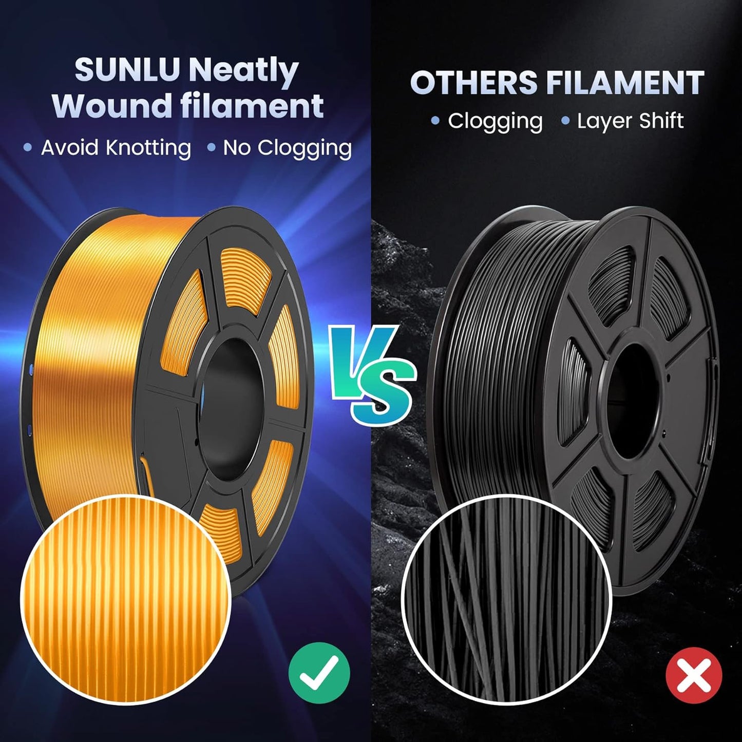 SUNLU Shiny Silk PLA Filament 1.75mm, Neatly Wound Glossy PLA 3D Printer Filament 1.75mm ±0.02mm, Fit Most FDM 3D Printers, Good Vacuum Packaging, 1kg Spool (2.2lbs), Silky Glossy PLA Black