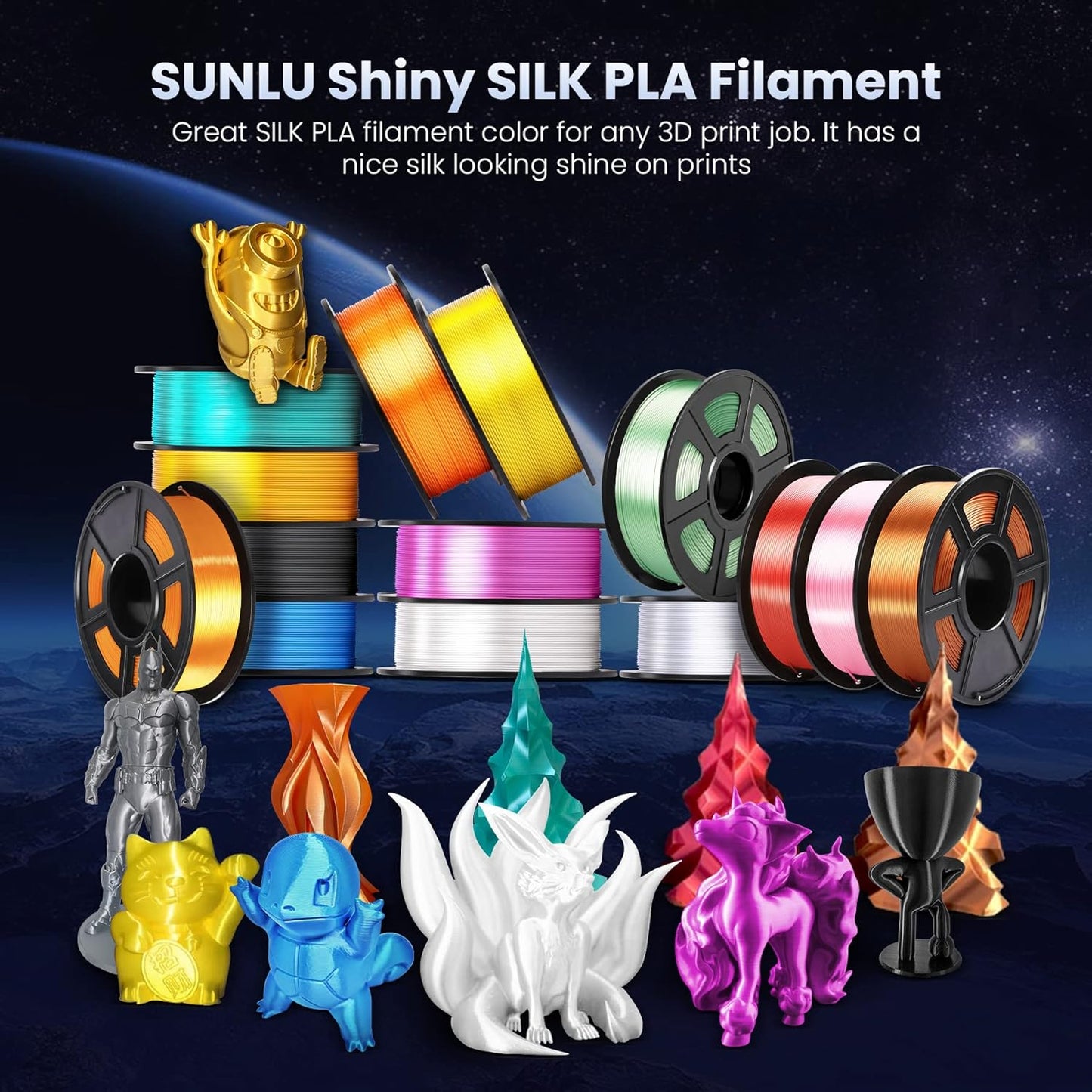 SUNLU Shiny Silk PLA Filament 1.75mm, Neatly Wound Glossy PLA 3D Printer Filament 1.75mm ±0.02mm, Fit Most FDM 3D Printers, Good Vacuum Packaging, 1kg Spool (2.2lbs), Silky Glossy PLA Black